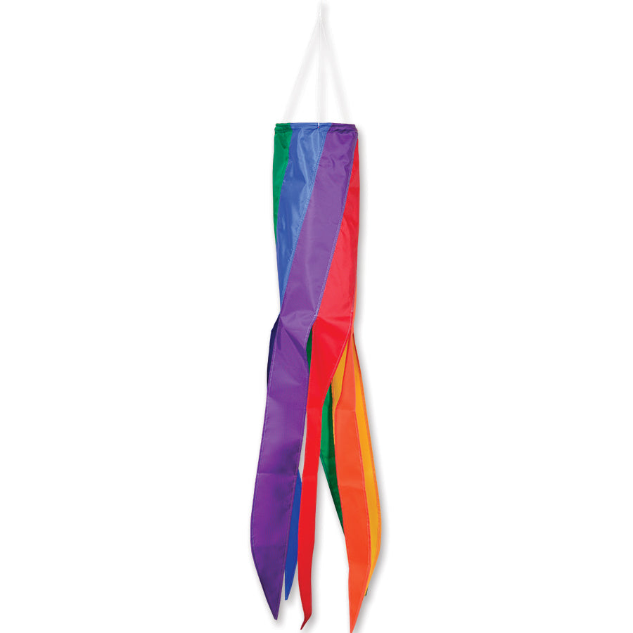 SoundWinds Rainbow Stripe Swirls Windsock, a colorful 41-inch decorative windsock made of UV-resistant fabric, hanging in a garden setting.