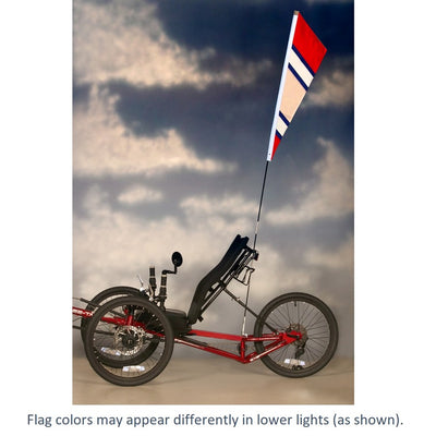 SoundWinds Reflective Fanion Recumbent Bike Flag in red, measuring 9x33.5 inches, displayed on a bike, enhancing visibility and safety on the road.