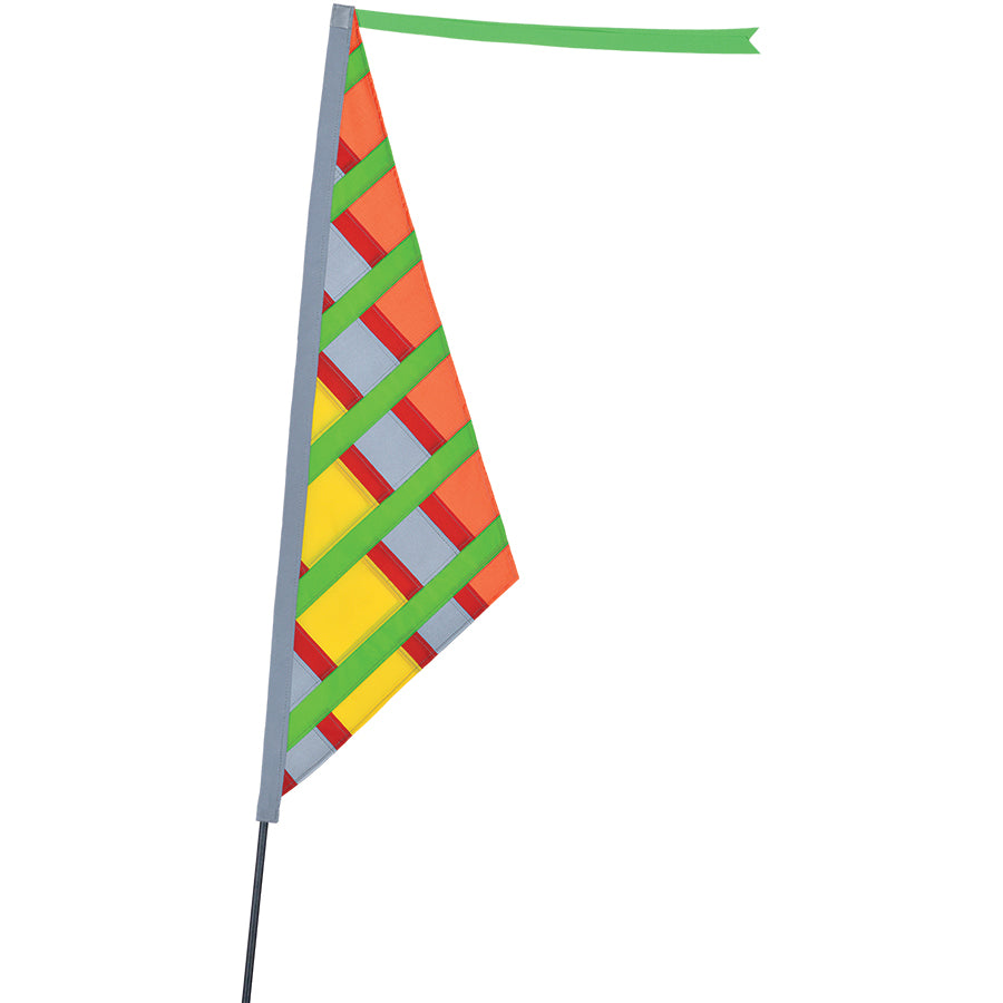 SoundWinds Reflective Sail Recumbent Bike Flag in vibrant citrus color secured to a bike, designed for visibility and safety during rides.