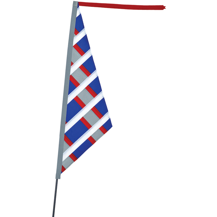 SoundWinds Reflective Sail Recumbent Bike Flag featuring a bright design mounted on a bike during outdoor riding.