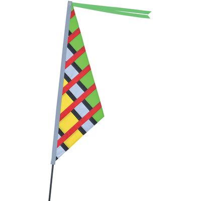 SoundWinds Reflective Sail Recumbent Bike Flag in vibrant colors attached to a recumbent bike, showcasing its 10.25x35 dimensions for maximum visibility.