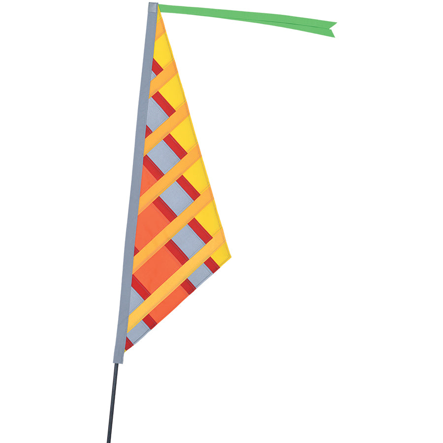 SoundWinds Reflective Sail Recumbent Bike Flag measuring 10.25 inches by 35 inches attached to a bicycle, designed for enhanced visibility.