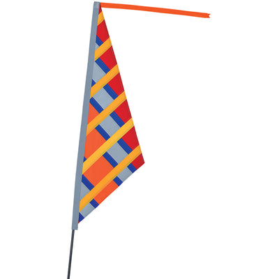 SoundWinds Reflective Sail Recumbent Bike Flag in vibrant colors attached to a bike, showcasing its 10.25 x 35 inch design and durable reflective fabric.