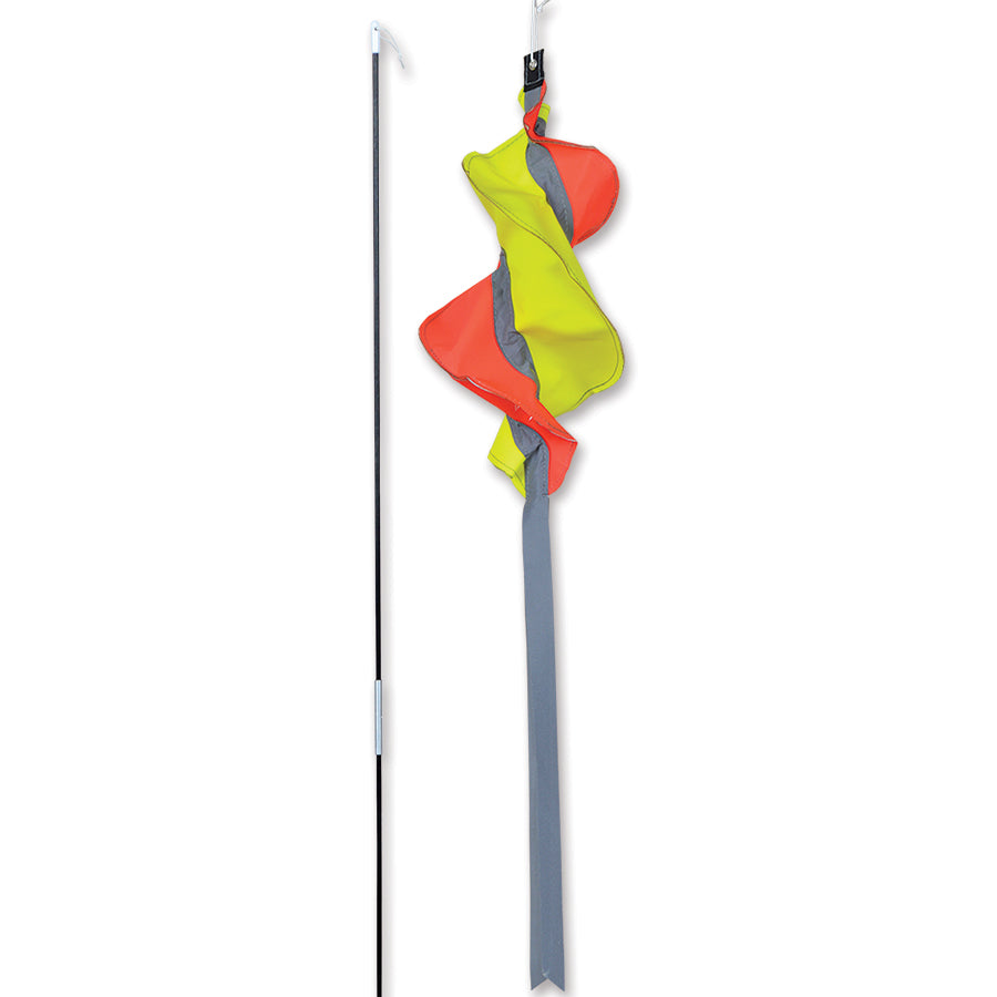 SoundWinds Reflective Turi Spinning Recumbent Bike Windsock displayed on a bike with a vibrant design, spinning in the wind for visibility and style.