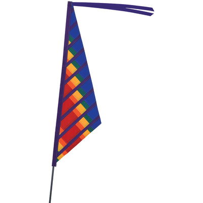 SoundWinds Sail Recumbent Bike Flag in vivid rainbow colors attached to a recumbent bike, measuring 9.5 x 35 inches, enhancing visibility while riding.
