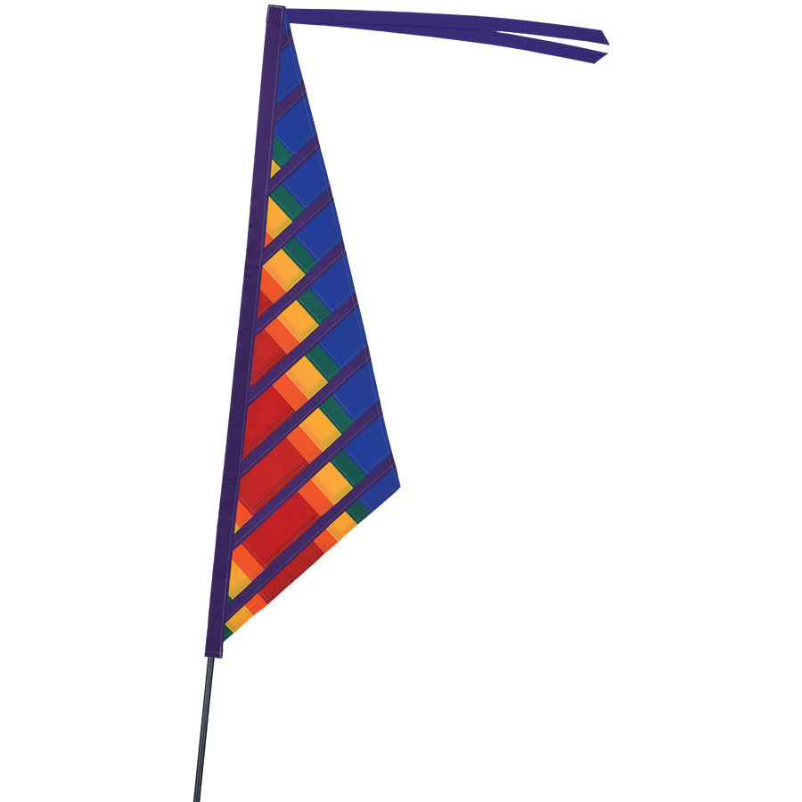 SoundWinds Sail Recumbent Bike Flag in vivid rainbow colors attached to a recumbent bike, measuring 9.5 x 35 inches, enhancing visibility while riding.