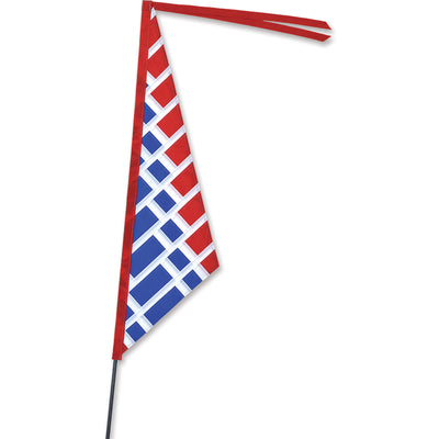 SoundWinds Sail Recumbent Bike Flag in red and blue, measuring 9.5 x 35 inches, attached to a bike, showcasing visibility.