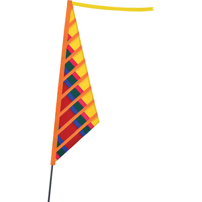 SoundWinds Sail Recumbent Bike Flag, bright yellow 9.5x35 inches, attached to a recumbent bike on an outdoor path.