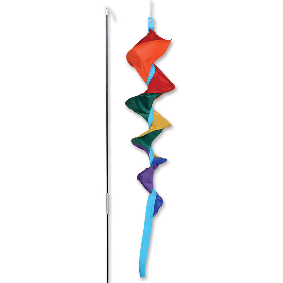 SoundWinds Small Fusilli Spinning Recumbent Bike Windsock in rainbow colors displayed on a bike, designed to enhance visibility while cycling.