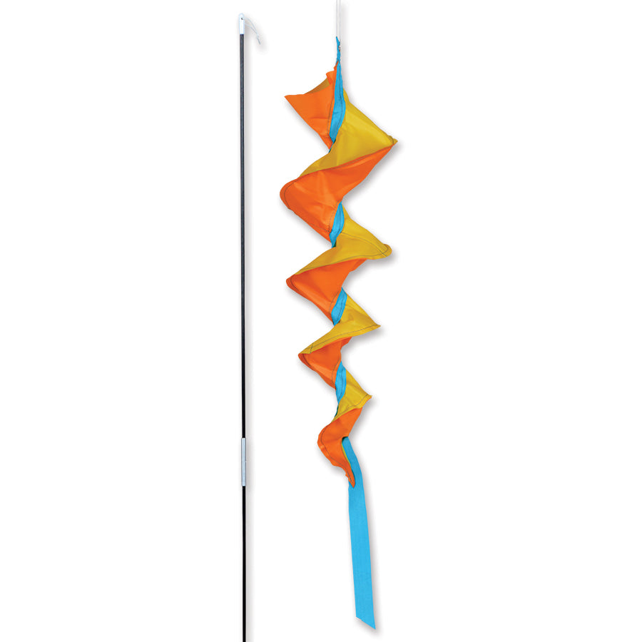SoundWinds Small Fusilli Spinning Recumbent Bike Windsock featuring a vibrant yellow design on a sturdy pole displayed outdoors.