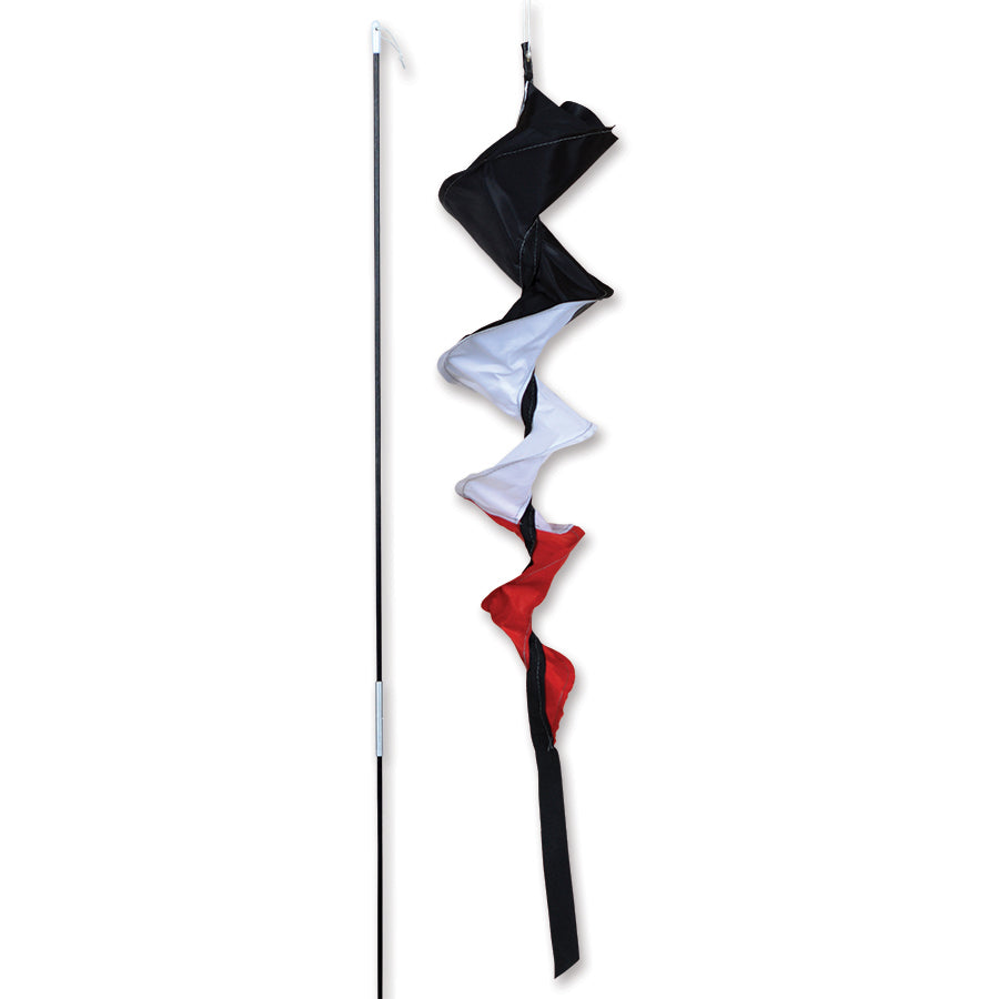 SoundWinds Small Fusilli Spinning Windsock displayed on a bike with colorful SunTex fabric twirling in the wind, mounted on a green outdoor path.
