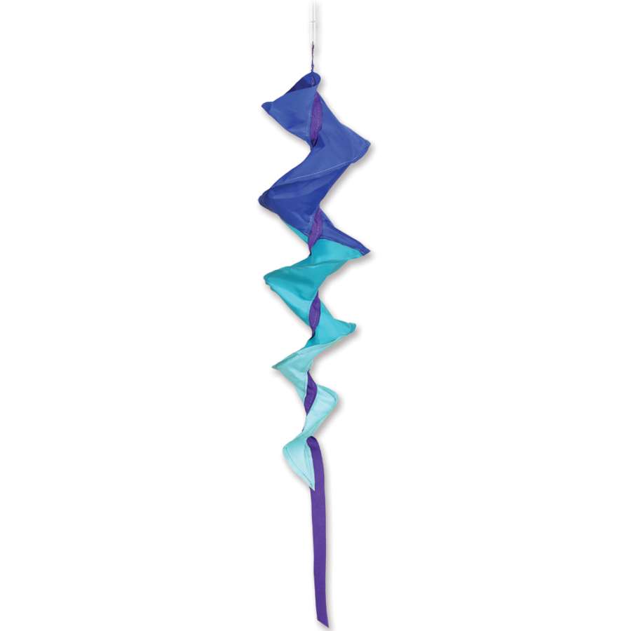 SoundWinds Small Fusilli Spinning Windsock in blue, measuring 23 inches, gently spinning in the breeze in a vibrant garden setting.