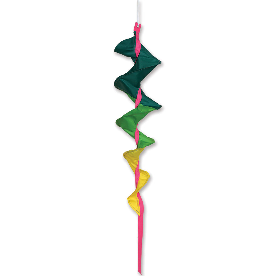 SoundWinds Small Fusilli Spinning Windsock in vibrant green, 23 inches long, twirling in the outdoor breeze, adding charm to a garden setting.