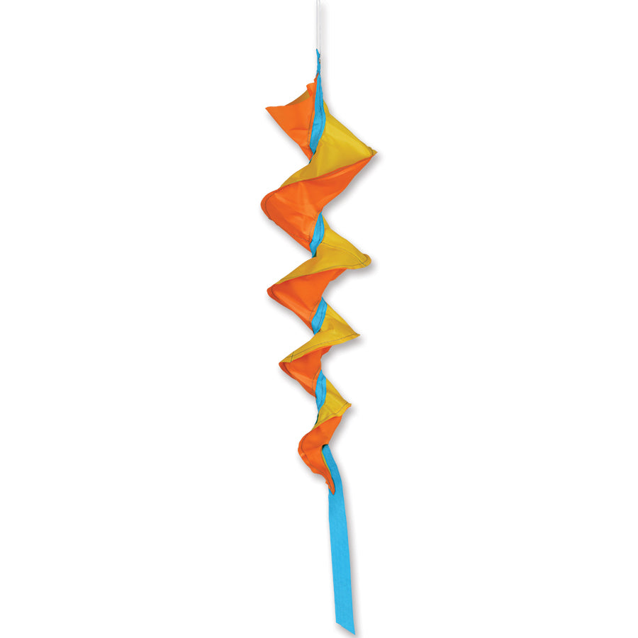 Vibrant yellow SoundWinds Small Fusilli Spinning Windsock displayed gracefully in an outdoor garden setting, showcasing its playful spiral design.