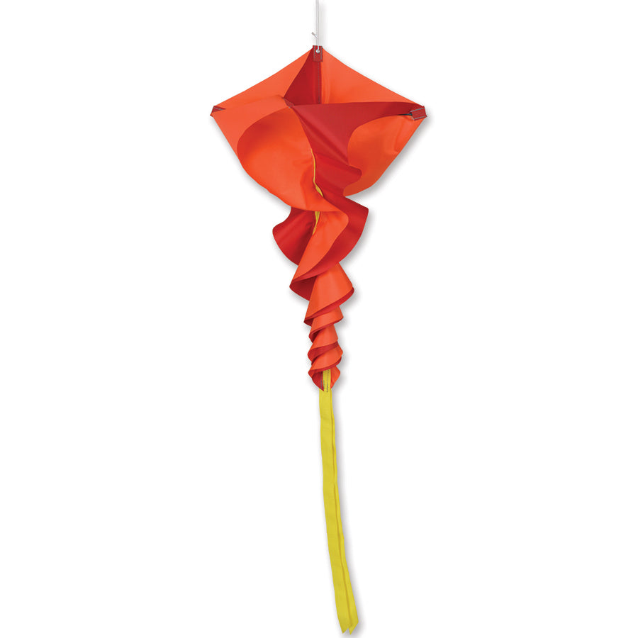 SoundWinds Small Rotini Spinning Windsock in vibrant red, measuring 14x37 inches, spinning gracefully in the breeze against a blue sky.