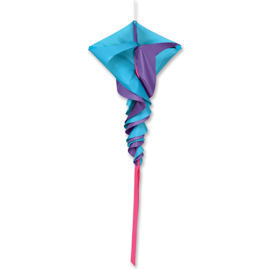 SoundWinds Small Rotini Spinning Windsock in vibrant purple and teal colors, designed to spin in the wind, displayed outdoors.