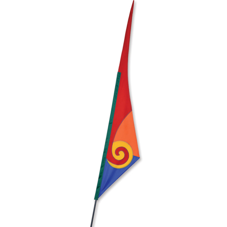 SoundWinds Spiral Recumbent Bike Flag, 9.5x33 inches, vibrant colors displayed on a bike with a sturdy fiberglass pole in an outdoor setting.