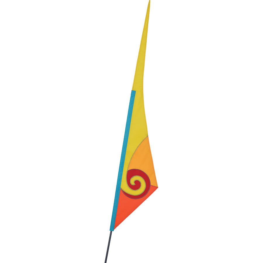 SoundWinds Spiral Recumbent Bike Flag displayed in a bright yellow color attached to a bicycle, featuring a durable pole designed for outdoor cycling.