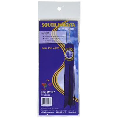 Colorful South Dakota 18-inch windsock with embroidered details and six tails fluttering in the wind, hanging from a hook outdoors.
