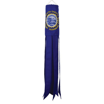 Colorful South Dakota 18-inch windsock with embroidered details and six tails fluttering in the wind, hanging from a hook outdoors.