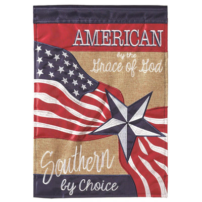 Southern By Choice 13x18 burlap garden flag with rustic design, featuring durable fabric and double-sided printing for outdoor use.