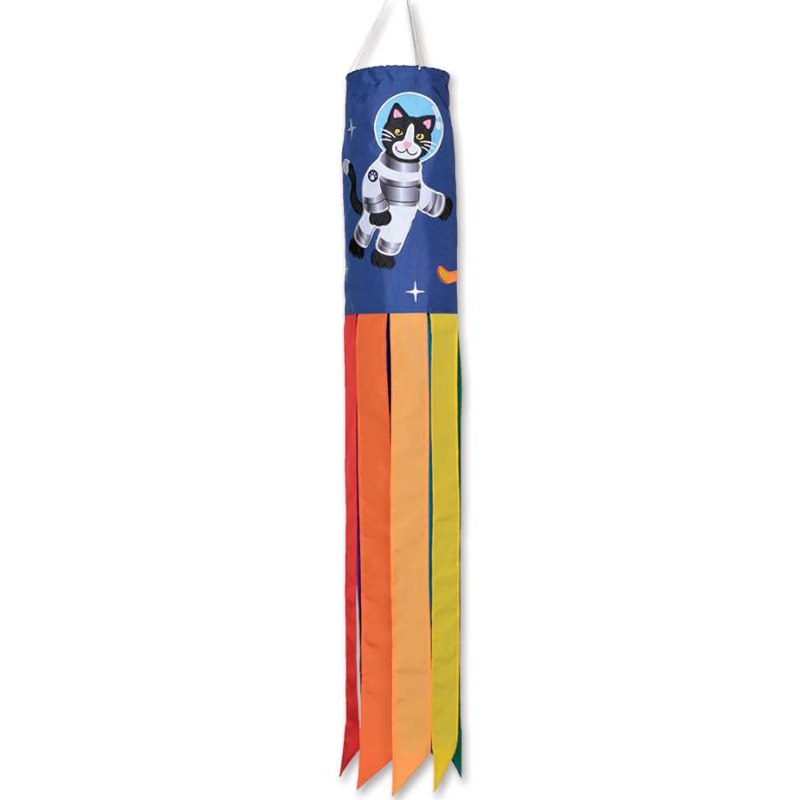 40-inch Space Cats windsock featuring playful cats and celestial designs, displayed in a garden with gentle movement in the wind.