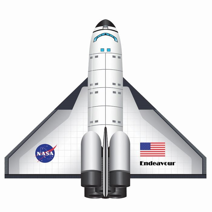 Space Shuttle Endeavor 2D Flightzone kite soaring in the sky, showcasing vibrant colors and a two-dimensional design against a blue background.