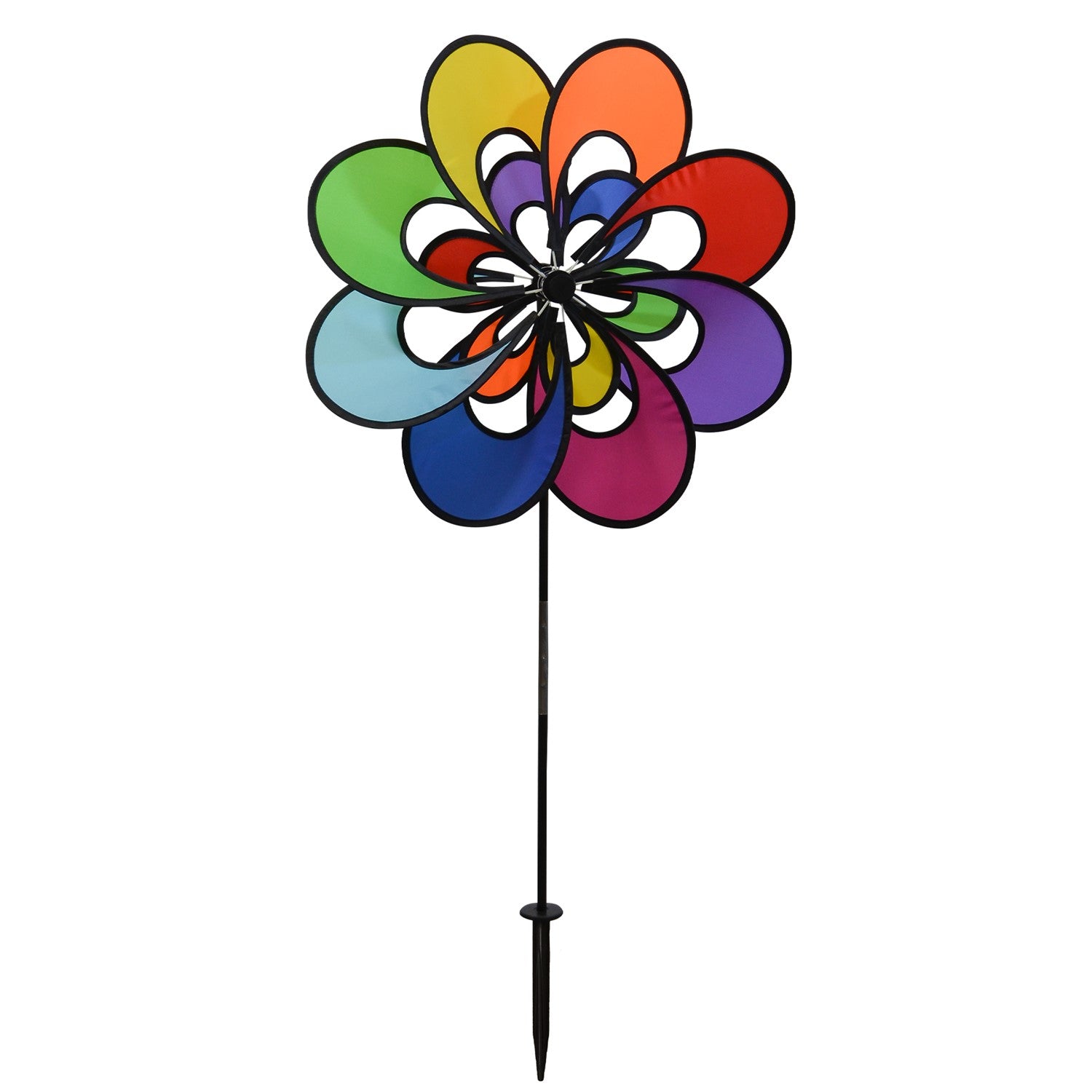 Spectrum Double Windee Wheelz rainbow petal spinner displayed in a garden, showing vibrant petals spinning joyfully in the breeze.