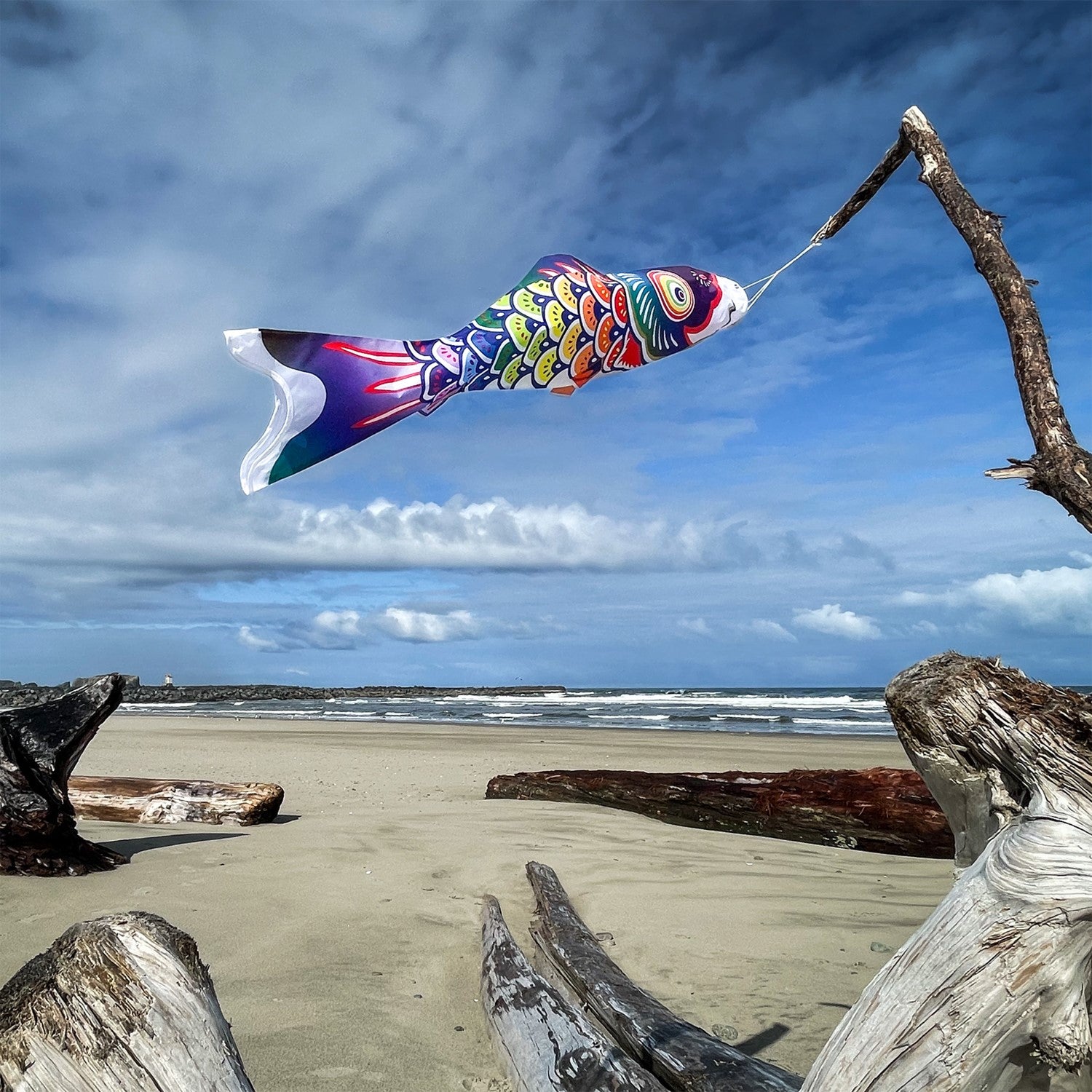 3' Spectrum Koi Fishsock in vibrant rainbow colors hanging gracefully in a garden setting, showcasing its whimsical design and lightweight construction.