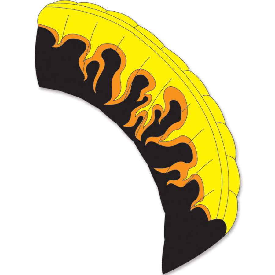 Speedfoil RM6 Kite - Flames colored with vibrant flame design, flying in a clear blue sky demonstrating its dynamic capabilities.
