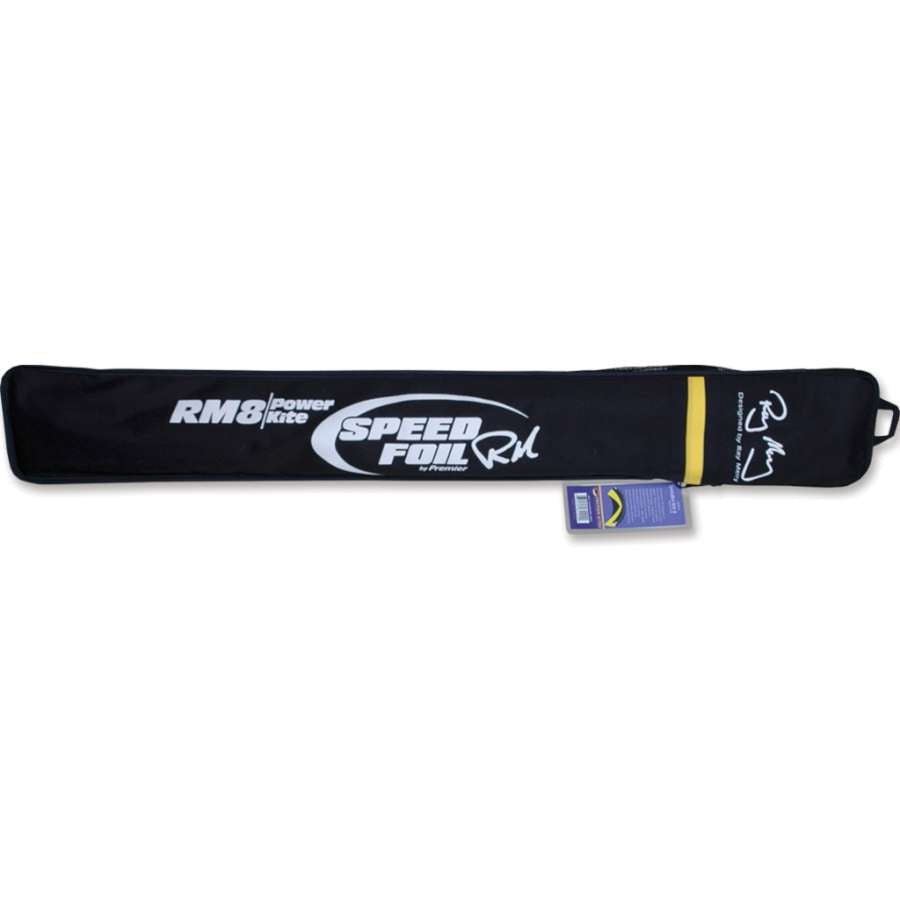 Speedfoil RM8 Kite with vibrant flames design soaring in the sky, measuring 97 x 24.5 inches, perfect for outdoor adventures.
