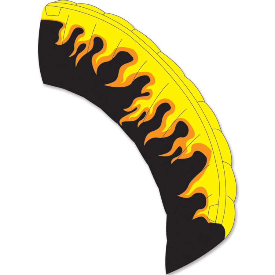 Speedfoil RM8 Kite with vibrant flames design soaring in the sky, measuring 97 x 24.5 inches, perfect for outdoor adventures.