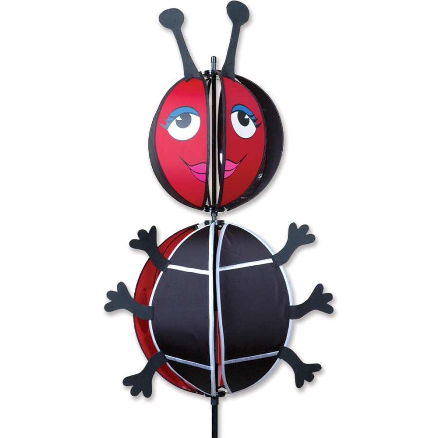 Spinning Friend - Ladybug garden wind spinner, measuring 17 in. x 31 in., showcased in a lively garden setting, actively spinning in the breeze.