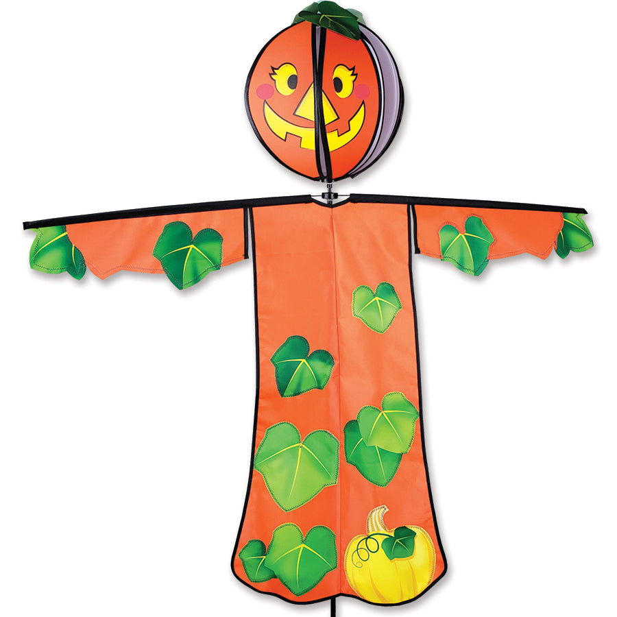 Spinning Friend - Patty Pumpkin garden spinner with a cheerful pumpkin design and spinning head, displayed in an outdoor setting surrounded by autumn foliage.