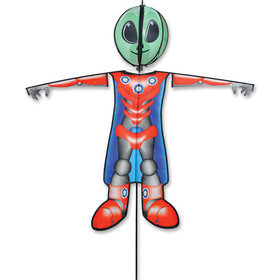 Spinning Friend - Spooky Spaceman garden spinner with a spinning head displayed in a yard, adding festive movement to Halloween decorations.