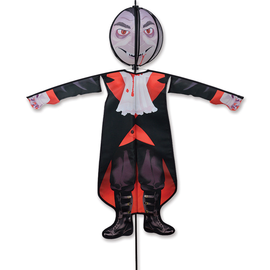 Spinning Friend - Vampire Count Halloween decoration with spinning head displayed outdoors, showcasing vibrant colors and heavy-duty fabric.