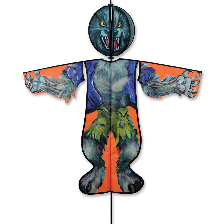 Spinning Friend - Werewolf outdoor garden spinner with a whimsical design, featuring a rotating head, set in a yard for Halloween.