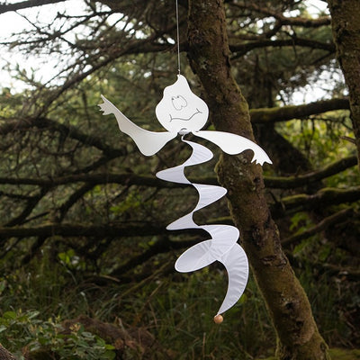 Spiral Ghost Curlie outdoor decoration fluttering in the wind, featuring a whimsical ghost design for Halloween festivities.