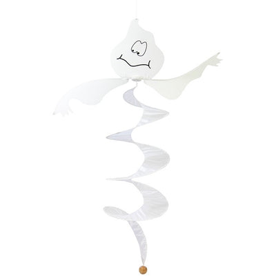Spiral Ghost Curlie outdoor decoration fluttering in the wind, featuring a whimsical ghost design for Halloween festivities.