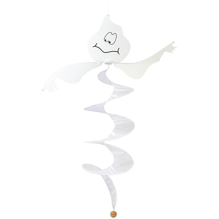 Spiral Ghost Curlie outdoor decoration fluttering in the wind, featuring a whimsical ghost design for Halloween festivities.