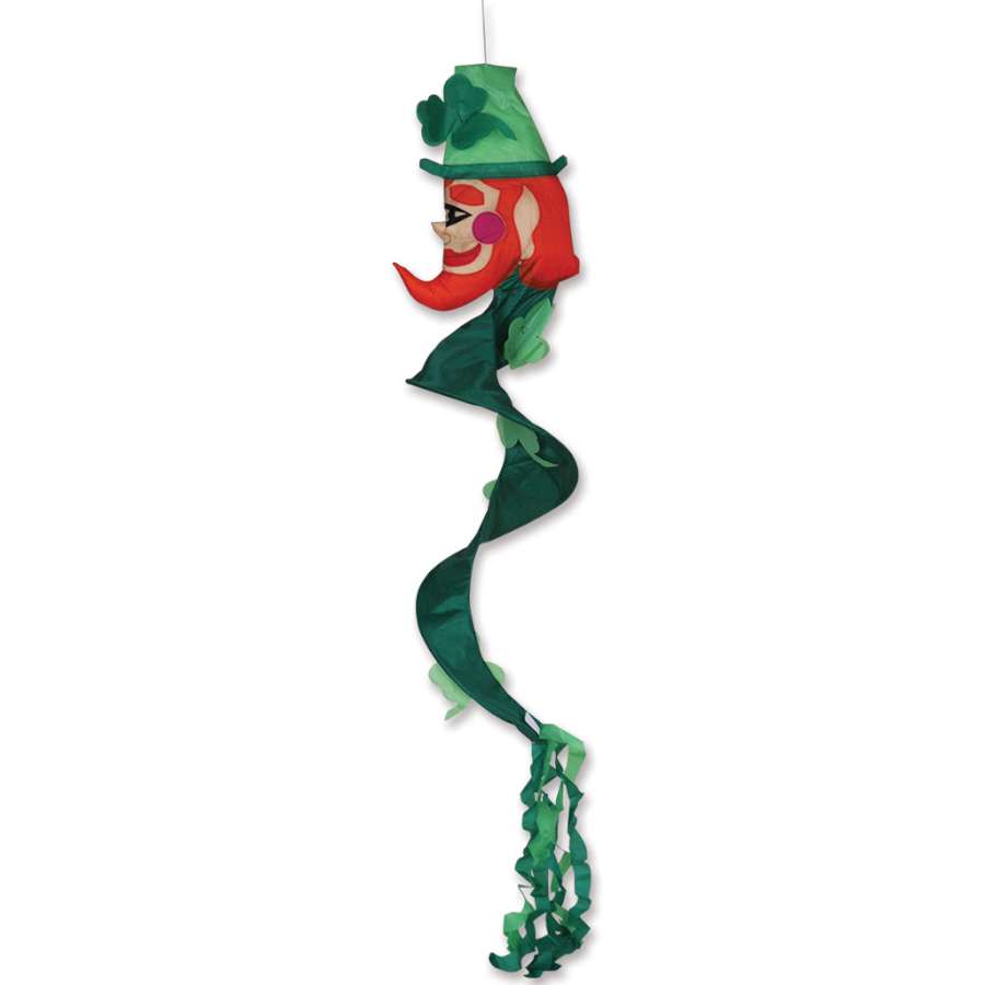Spiral Leprechaun garden decoration, a colorful 12-inch figure with detailed attire, displayed in a garden setting with flowers.