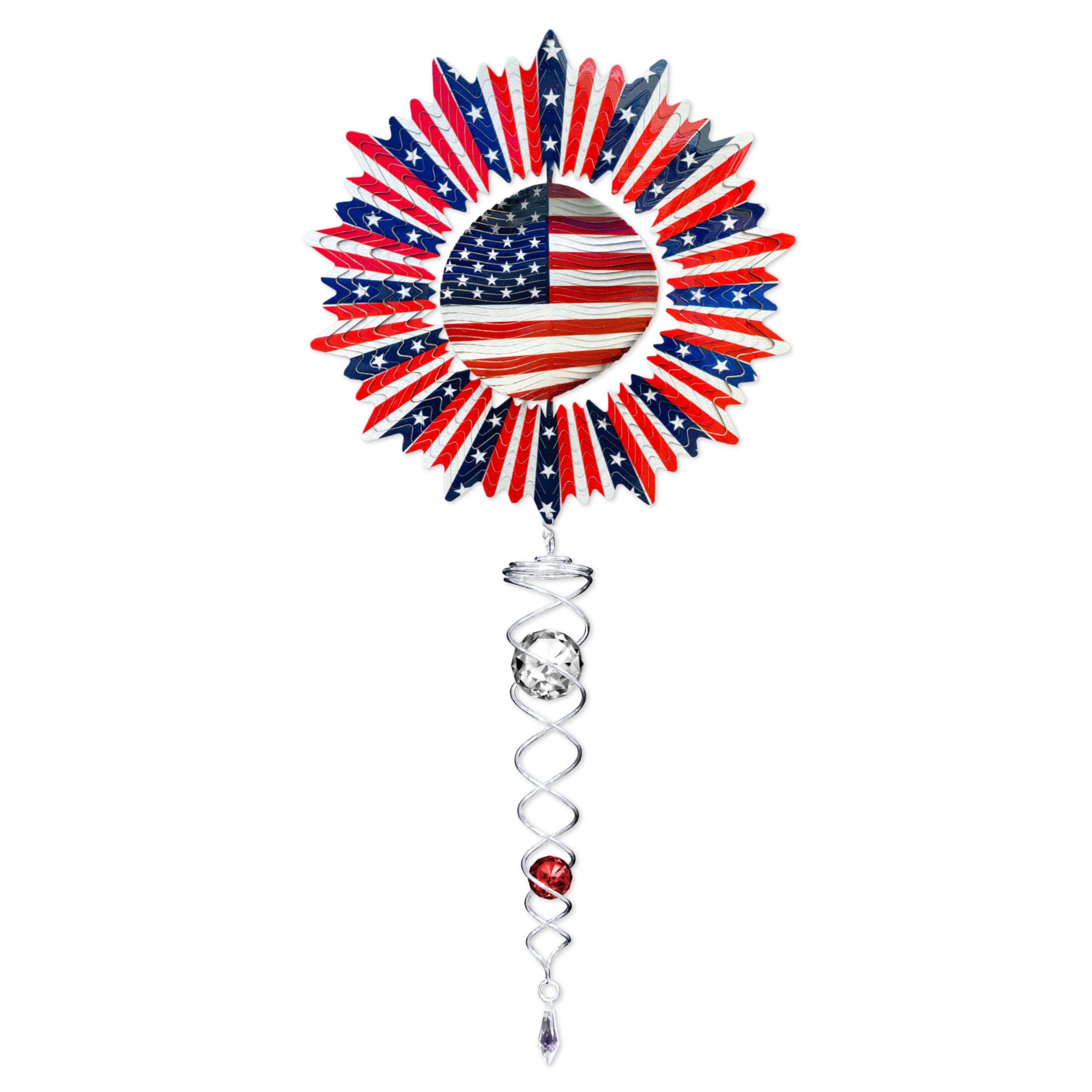 Spiral US Flag mini wind spinner showing vibrant colors and movement, featuring a 6.5-inch American flag design in a garden setting.
