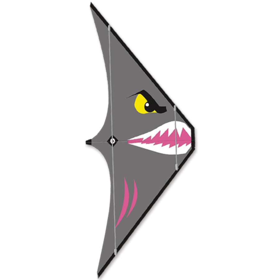 Spitfire Sport Kite in Shark design, measuring 62 x 29 inches, soaring through a blue sky with a backdrop of clouds, showcasing impressive maneuverability.