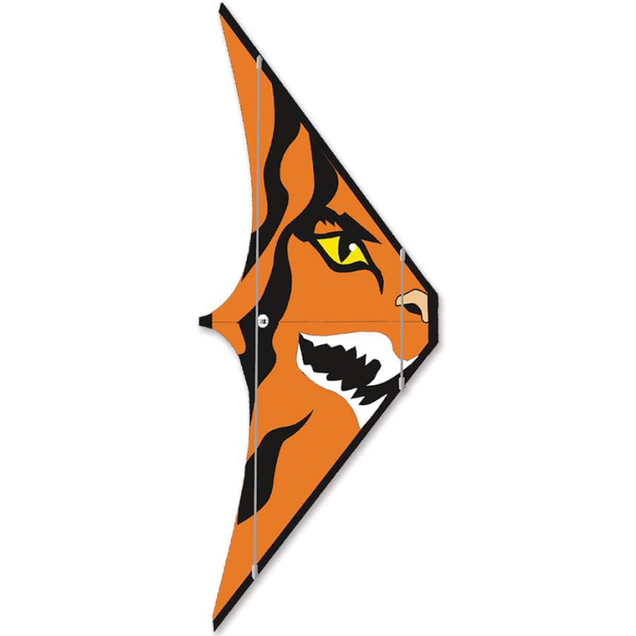 Spitfire Sport Kite - Tiger flying high against a blue sky, showcasing its vibrant tiger design and lightweight frame, measuring 62 x 29 inches.
