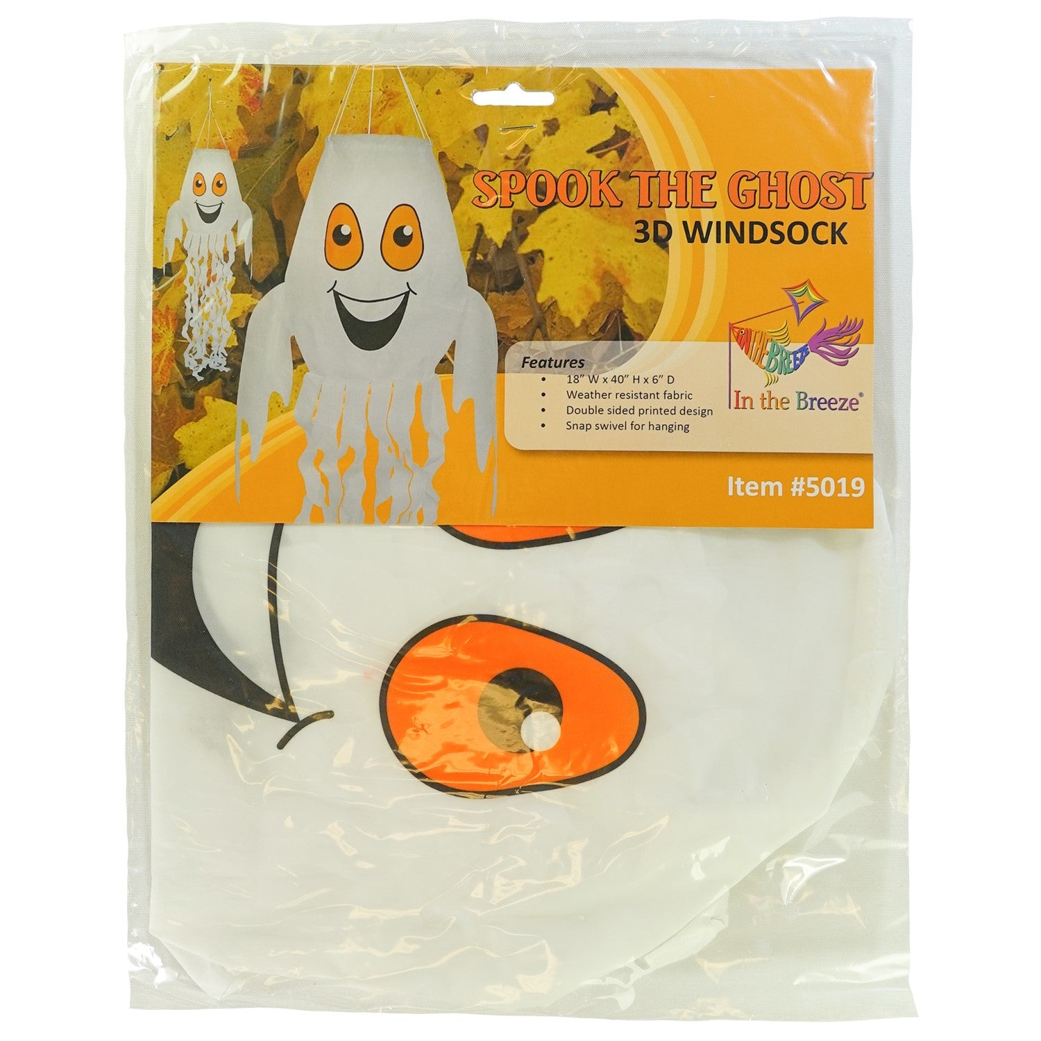 Spook the Ghost 3D Windsock hanging outdoor, featuring a cheerful ghost design with fluttering streamer tails perfect for Halloween decor.