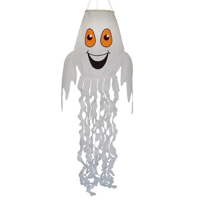Spook the Ghost 3D Windsock hanging outdoor, featuring a cheerful ghost design with fluttering streamer tails perfect for Halloween decor.