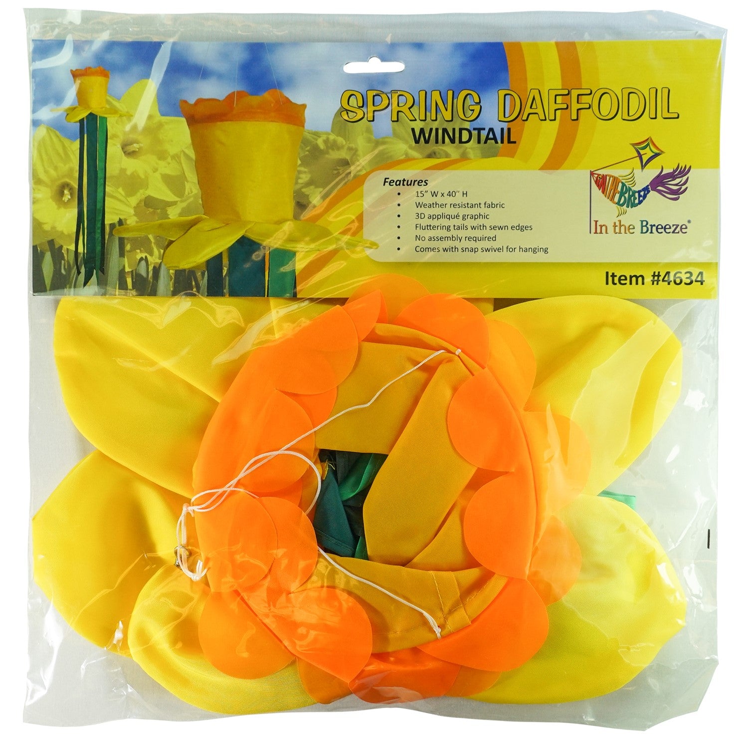 Spring Daffodil Floral Windtail featuring 3D daffodil blooms and colorful tails, elegantly displayed outdoors, gently swaying in the breeze.