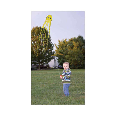 Squeaky Jr. Kite - Yellow featuring playful octopus design, measuring 9.75 x 64 inches, perfect for outdoor fun and kids' parties.