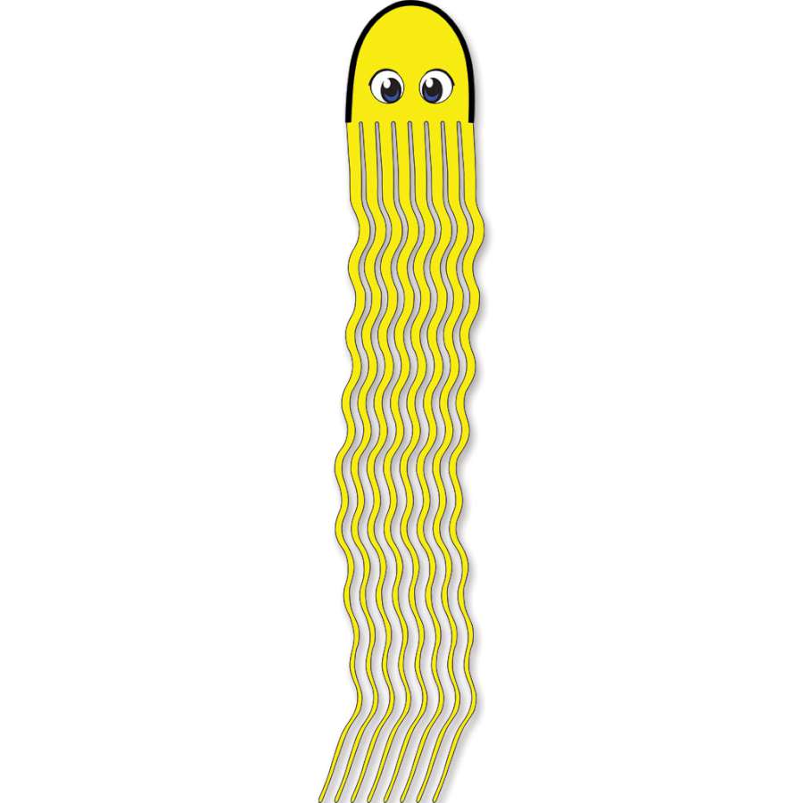 Squeaky Jr. Kite - Yellow featuring playful octopus design, measuring 9.75 x 64 inches, perfect for outdoor fun and kids' parties.