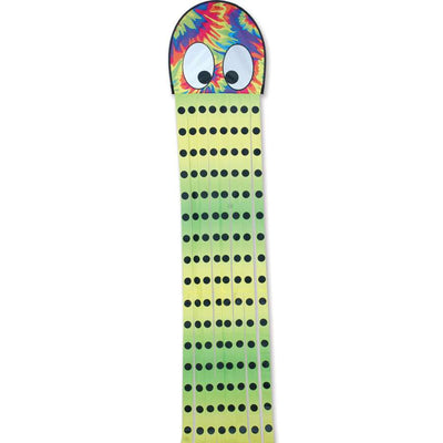 Colorful tie-dye Squeaky Kite shaped like an octopus soaring through the sky, measuring 20 x 80 inches, providing fun for families outdoors.